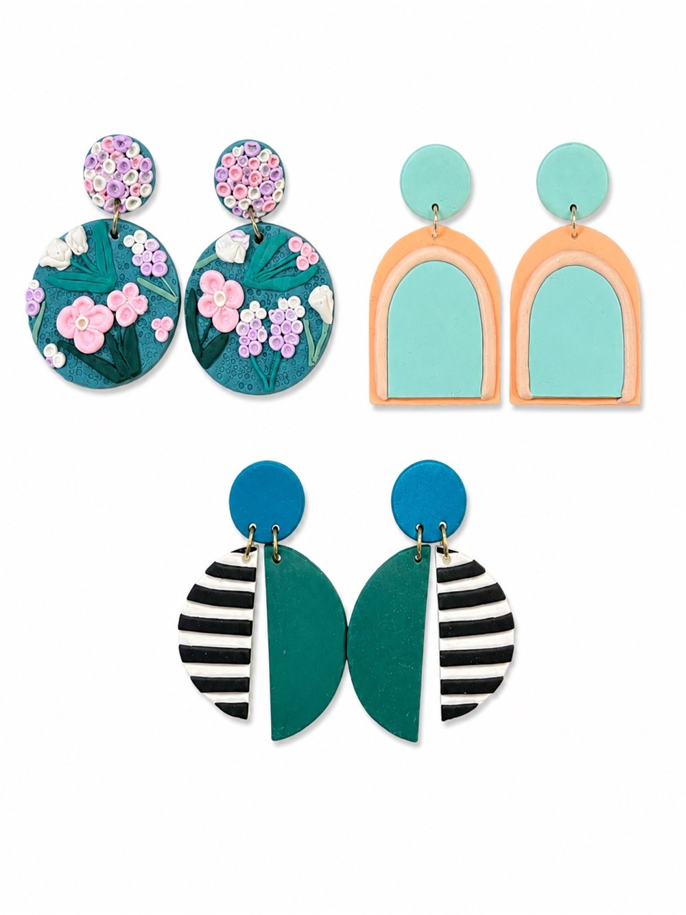 3-Pair Colorful Clay Earring Set — Floral, Abstract